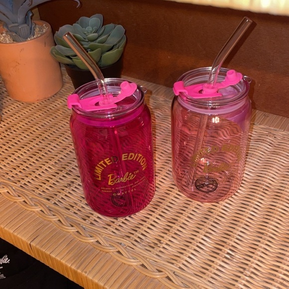 Barbie Drinking Glasses Pink Barbie Glass Cups lids straws Barbie X Dragon 🆕 🎀 - Picture 13 of 13